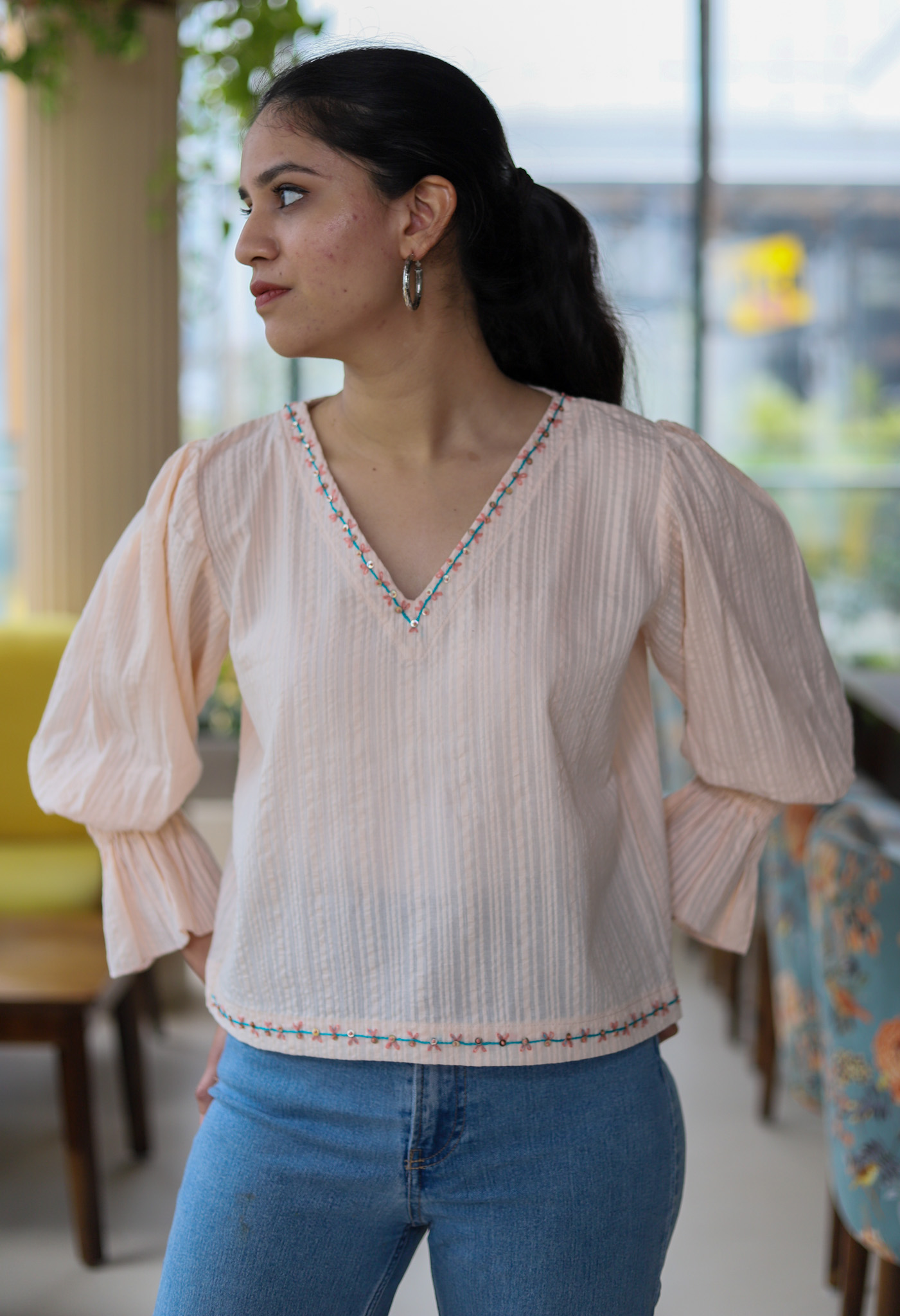 Embroidered Peasant Sleeves Top
