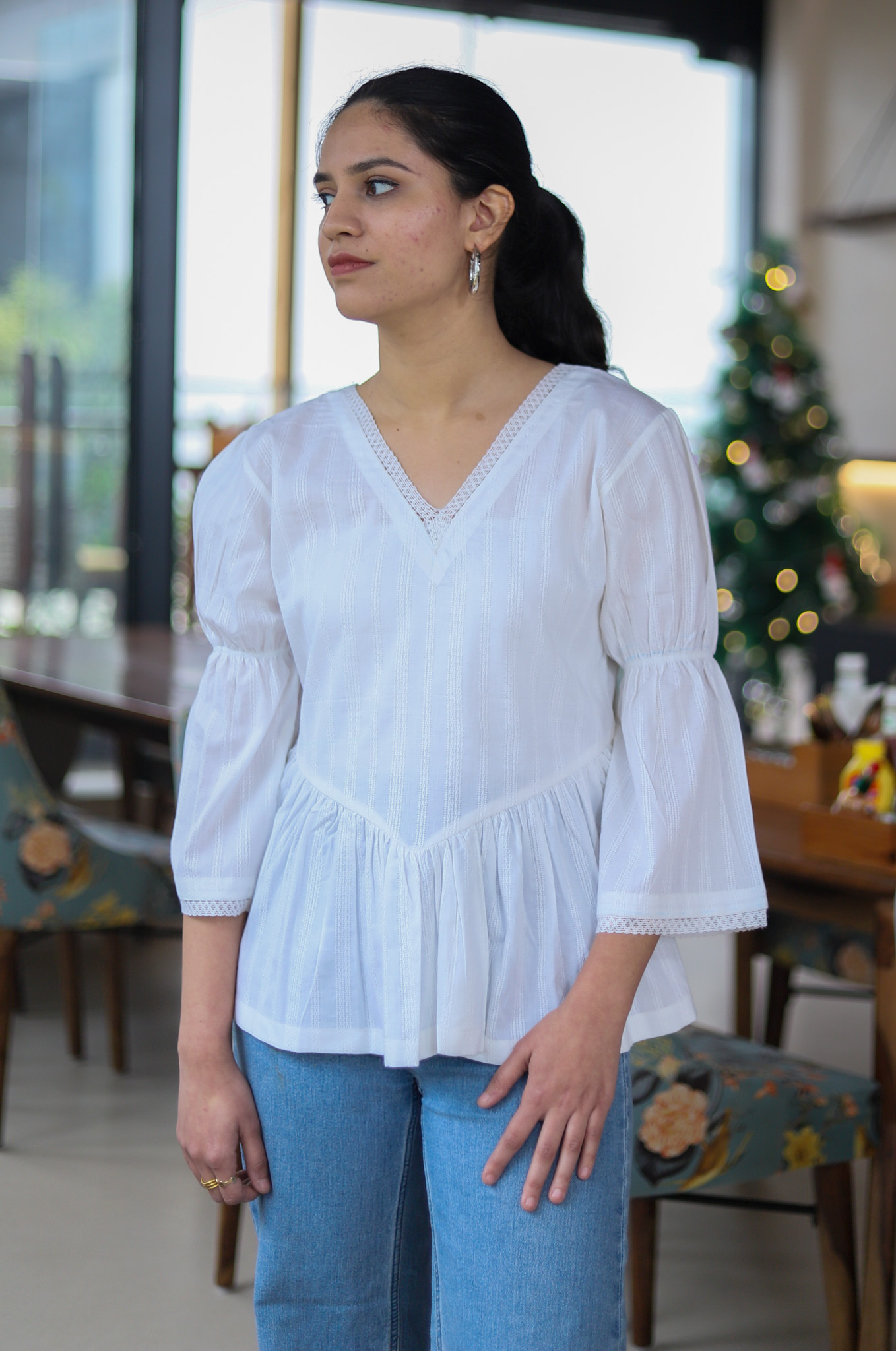 White V-Neck Peplum Top - Contemporay Wear- That's Indian
