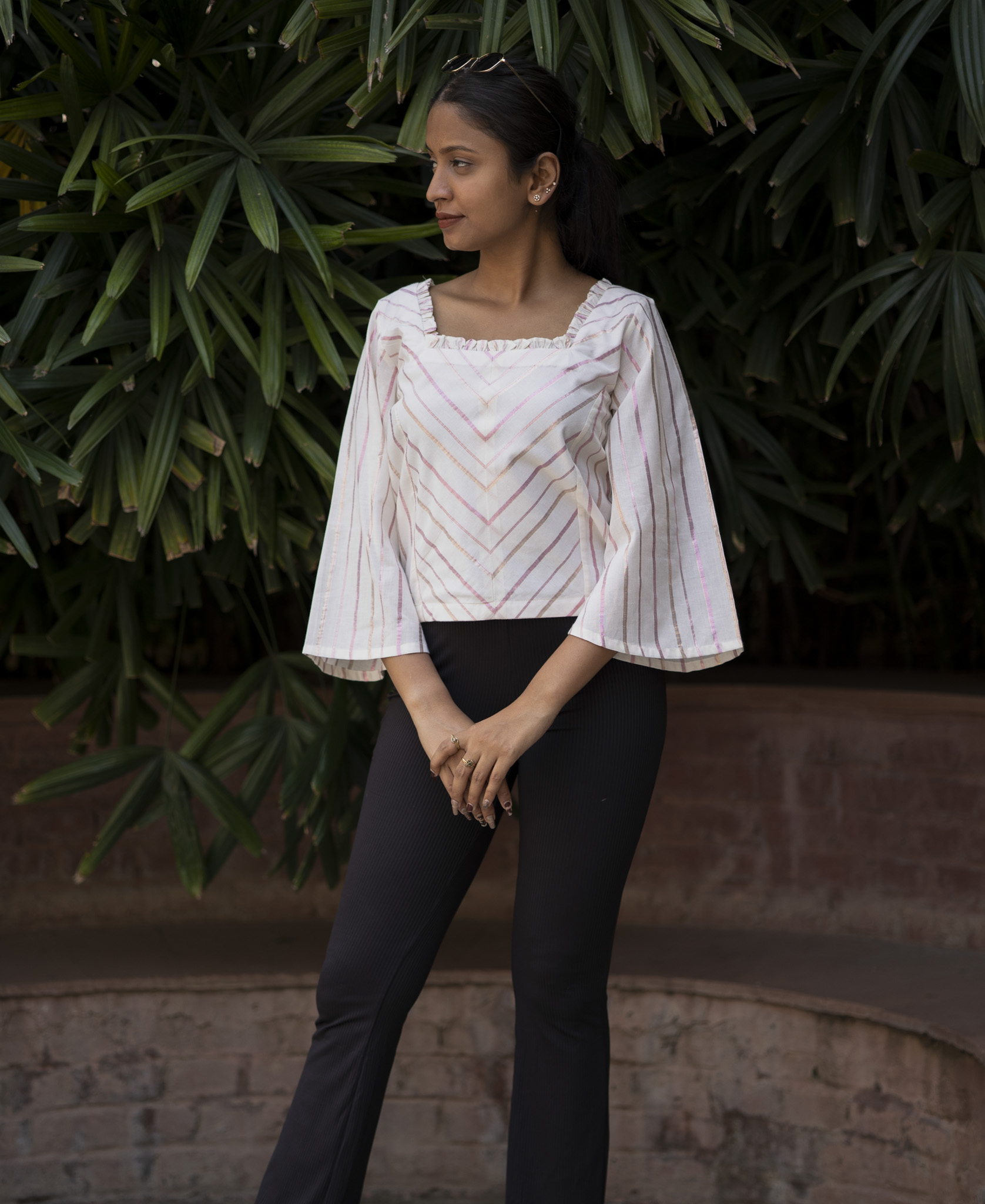 Striped White Flared Sleeves Top - Contemporay Wear- That's Indian